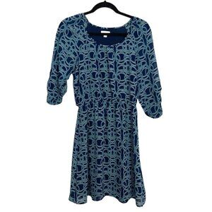 C DRESS S ,NAVY BLUE WITH ROPE DESIGNS IN PALE BLUE, BUTTON TAB SLEEVES, LINED